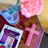 Croce Ex Voto in legno rosa con Milagros