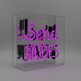 Neon luminoso in vetro “Send Nudes” viola con box acrilico