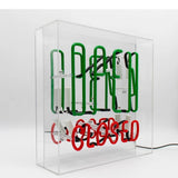 Neon luminoso in vetro “Open / Closed” con box acrilico